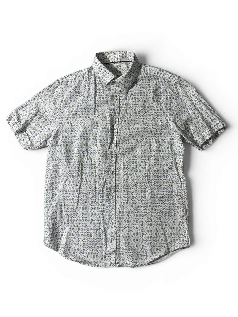 Bugatchi men S Small white geo pattern linen cotton short sleeve button up shirt